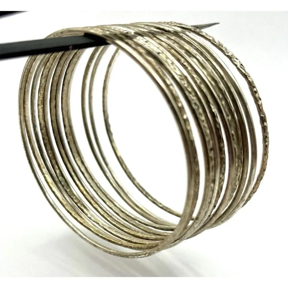 Set of 12 Silver Tone Bangle Bracelets Vintage Textured Hammered Bohemian